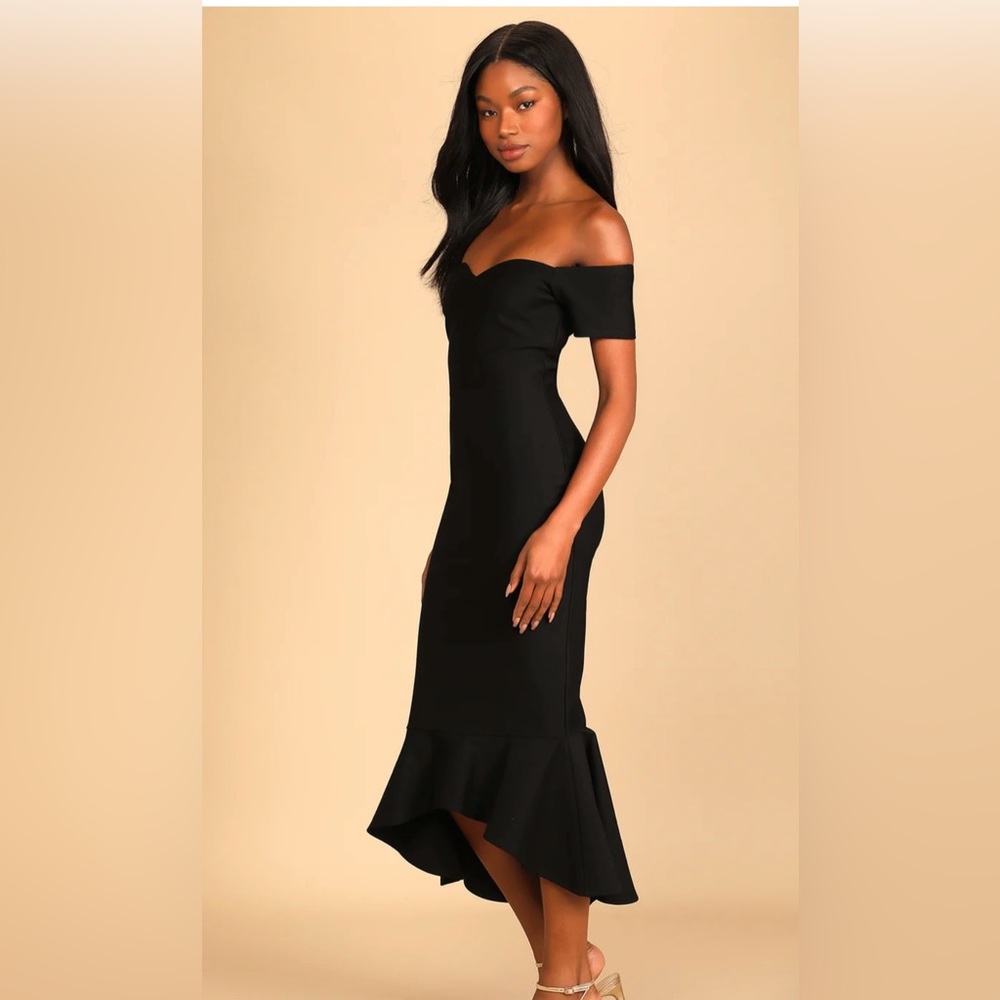 Large black Off-the-Shoulder Midi Dress perfect for winter wedding or event